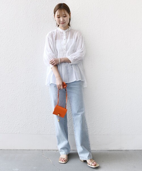25SS✨タグ付き✨YONFA オーガンジータイブラウス　シャーリング　洗える セール】〈手洗い可能〉コットン オーガンジー 刺繍 ギャザー