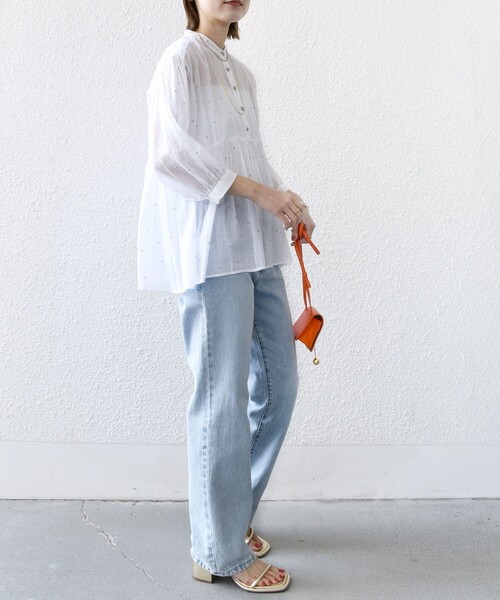 25SS✨タグ付き✨YONFA オーガンジータイブラウス　シャーリング　洗える セール】〈手洗い可能〉コットン オーガンジー 刺繍 ギャザー