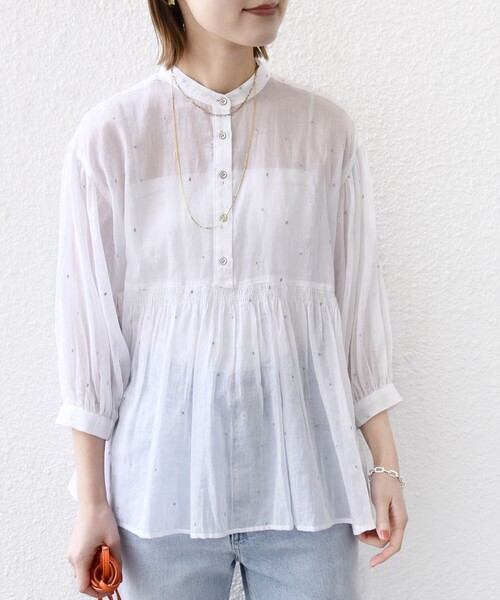 25SS✨タグ付き✨YONFA オーガンジータイブラウス　シャーリング　洗える セール】〈手洗い可能〉コットン オーガンジー 刺繍 ギャザー