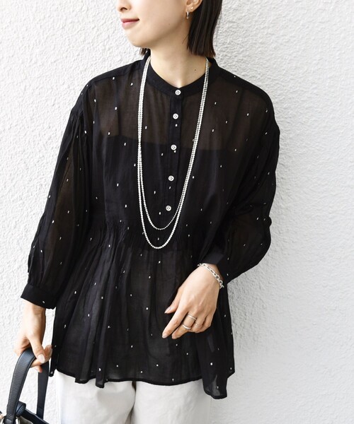 25SS✨タグ付き✨YONFA オーガンジータイブラウス　シャーリング　洗える セール】〈手洗い可能〉コットン オーガンジー 刺繍 ギャザー
