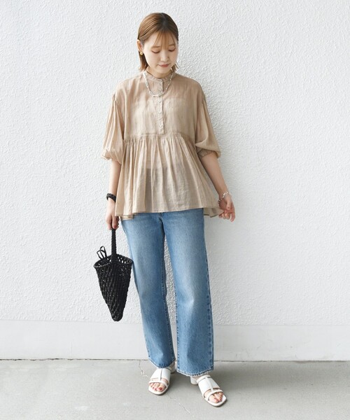 25SS✨タグ付き✨YONFA オーガンジータイブラウス　シャーリング　洗える セール】〈手洗い可能〉コットン オーガンジー 刺繍 ギャザー