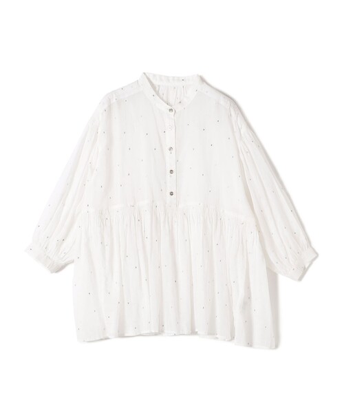 25SS✨タグ付き✨YONFA オーガンジータイブラウス　シャーリング　洗える セール】〈手洗い可能〉コットン オーガンジー 刺繍 ギャザー