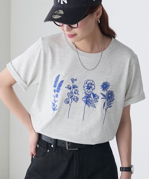 tシャツ フラワー刺繍ドッキングカットソー レディース フライスフラワー刺繍カットソー(カットソー・Tシャツ