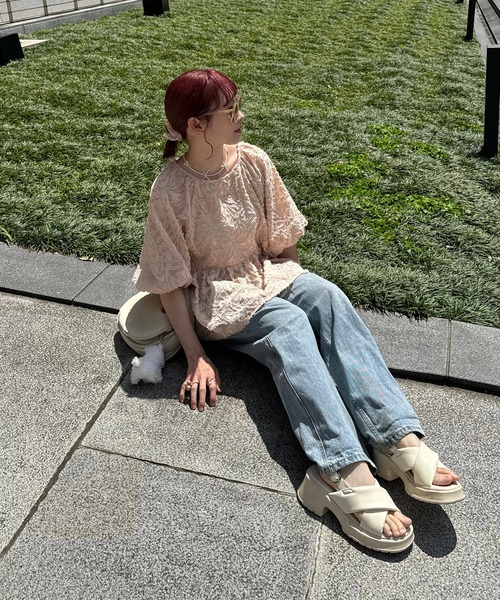 INTER FACTORY（インターファクトリー）の「ちょこび - ペプラムジャガードブラウス made in INTER FACTORY（シャツ/ブラウス・レディース・オレンジ/アイボリー・FREE）」の12枚目の写真