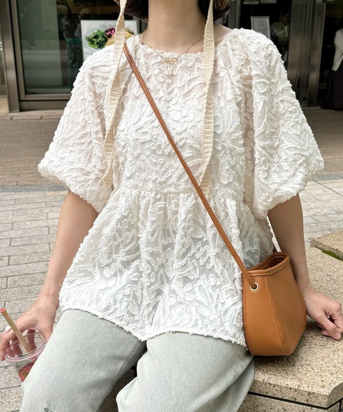 INTER FACTORY（インターファクトリー）の「ちょこび - ペプラムジャガードブラウス made in INTER FACTORY（シャツ/ブラウス・レディース・オレンジ/アイボリー・FREE）」の18枚目の写真