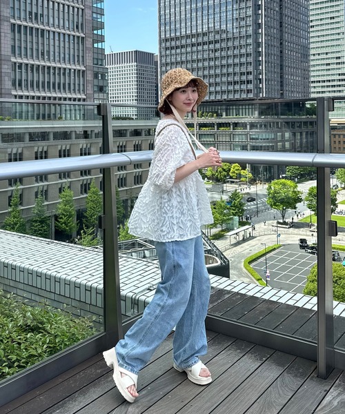 INTER FACTORY（インターファクトリー）の「ちょこび - ペプラムジャガードブラウス made in INTER FACTORY（シャツ/ブラウス・レディース・オレンジ/アイボリー・FREE）」の4枚目の写真