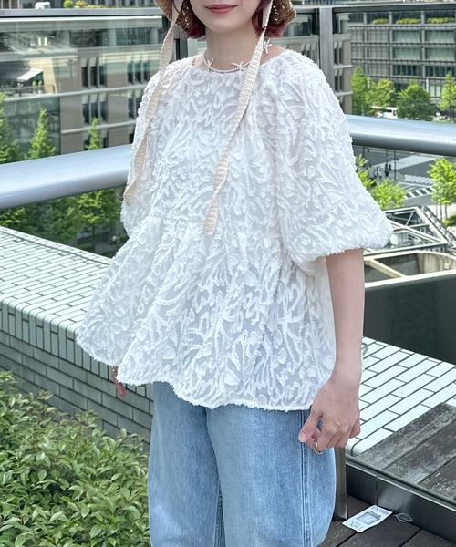 INTER FACTORY（インターファクトリー）の「ちょこび - ペプラムジャガードブラウス made in INTER FACTORY（シャツ/ブラウス・レディース・オレンジ/アイボリー・FREE）」の19枚目の写真