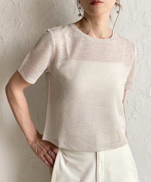 She's Closet(シーズクローゼット)の「ドライタッチ半袖ショート丈透かし編みラメシアートップス/Tシャツ(Tシャツ/カットソー・レディース・アイボリー/ブラック/グレー・FREE)」の2枚目の写真