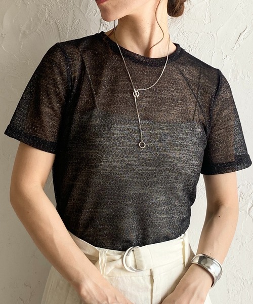 She's Closet(シーズクローゼット)の「ドライタッチ半袖ショート丈透かし編みラメシアートップス/Tシャツ(Tシャツ/カットソー・レディース・アイボリー/ブラック/グレー・FREE)」の1枚目の写真