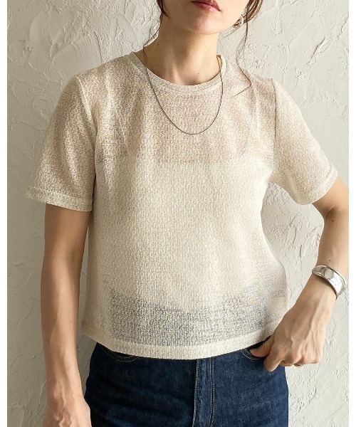 She's Closet(シーズクローゼット)の「ドライタッチ半袖ショート丈透かし編みラメシアートップス/Tシャツ(Tシャツ/カットソー・レディース・アイボリー/ブラック/グレー・FREE)」の21枚目の写真