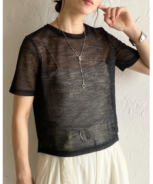 She's Closet(シーズクローゼット)の「ドライタッチ半袖ショート丈透かし編みラメシアートップス/Tシャツ(Tシャツ/カットソー・レディース・アイボリー/ブラック/グレー・FREE)」の22枚目の写真