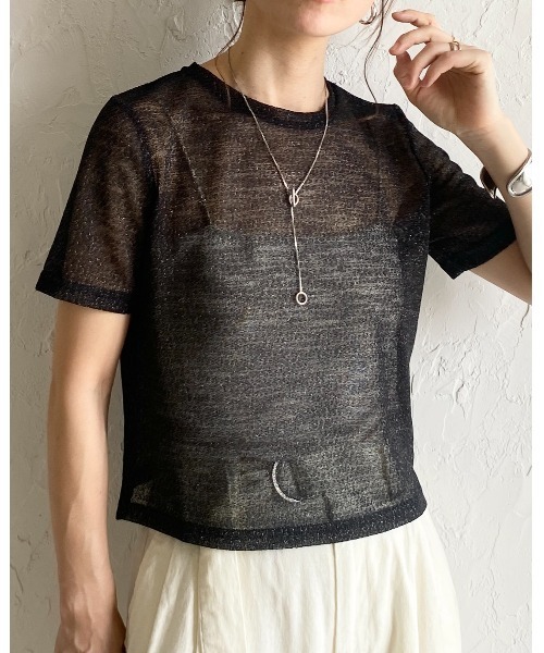 She's Closet(シーズクローゼット)の「ドライタッチ半袖ショート丈透かし編みラメシアートップス/Tシャツ(Tシャツ/カットソー・レディース・アイボリー/ブラック/グレー・FREE)」の5枚目の写真