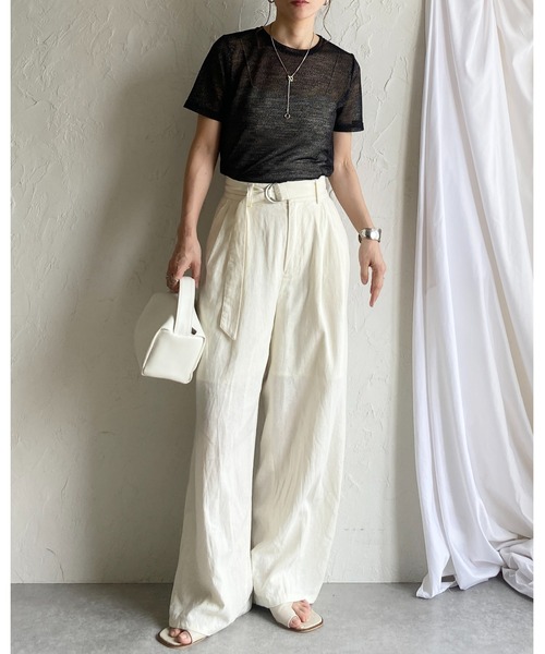 She's Closet(シーズクローゼット)の「ドライタッチ半袖ショート丈透かし編みラメシアートップス/Tシャツ(Tシャツ/カットソー・レディース・アイボリー/ブラック/グレー・FREE)」の7枚目の写真