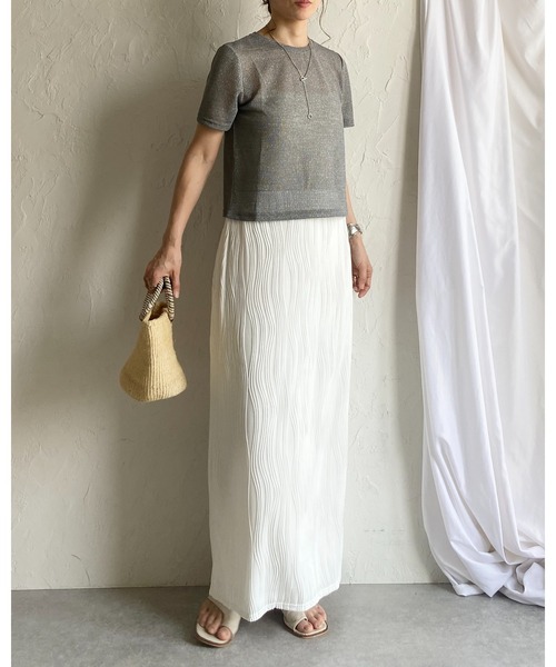 She's Closet(シーズクローゼット)の「ドライタッチ半袖ショート丈透かし編みラメシアートップス/Tシャツ(Tシャツ/カットソー・レディース・アイボリー/ブラック/グレー・FREE)」の8枚目の写真