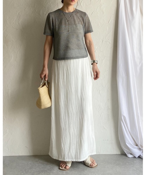 She's Closet(シーズクローゼット)の「ドライタッチ半袖ショート丈透かし編みラメシアートップス/Tシャツ(Tシャツ/カットソー・レディース・アイボリー/ブラック/グレー・FREE)」の9枚目の写真