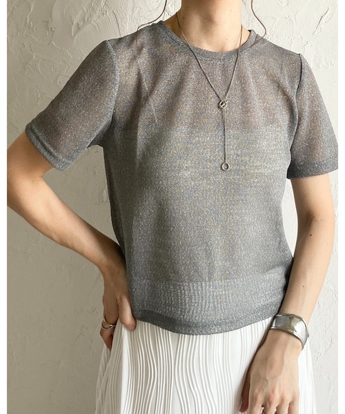 She's Closet(シーズクローゼット)の「ドライタッチ半袖ショート丈透かし編みラメシアートップス/Tシャツ(Tシャツ/カットソー・レディース・アイボリー/ブラック/グレー・FREE)」の10枚目の写真