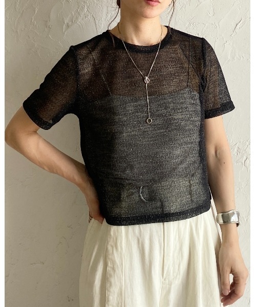 She's Closet(シーズクローゼット)の「ドライタッチ半袖ショート丈透かし編みラメシアートップス/Tシャツ(Tシャツ/カットソー・レディース・アイボリー/ブラック/グレー・FREE)」の18枚目の写真
