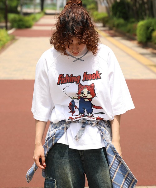 HOOK(フック)の「HOOK -original- アメリカンカートゥーン釣り猫プリントラグランスリーブTEE (SS)(Tシャツ/カットソー・メンズ・ホワイト/ライトグレー・MEDIUM/LARGE/X-LARGE)」の9枚目の写真