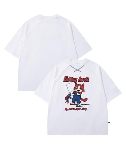 HOOK(フック)の「HOOK -original- アメリカンカートゥーン釣り猫プリントラグランスリーブTEE (SS)(Tシャツ/カットソー・メンズ・ホワイト/ライトグレー・MEDIUM/LARGE/X-LARGE)」の5枚目の写真
