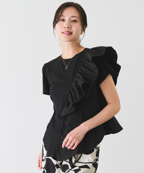 Jayro（ジャイロ）の「アシメトリーフリルTシャツ（Tシャツ/カットソー・レディース・ブラック/ホワイト/サックスブルー・M）」の9枚目の写真