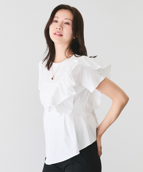 Jayro（ジャイロ）の「アシメトリーフリルTシャツ（Tシャツ/カットソー・レディース・ブラック/ホワイト/サックスブルー・M）」の4枚目の写真