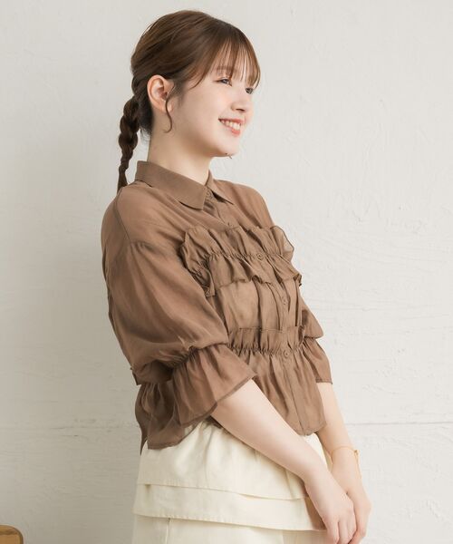 RETRO GIRL（レトロガール）の「フリルギャザーシアーSH（シャツ/ブラウス・レディース・ブルー/オフホワイト/ダークブラウン・FREE）」の19枚目の写真