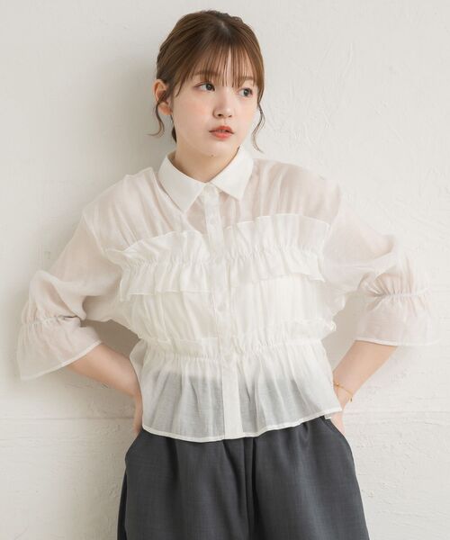 RETRO GIRL（レトロガール）の「フリルギャザーシアーSH（シャツ/ブラウス・レディース・ブルー/オフホワイト/ダークブラウン・FREE）」の12枚目の写真