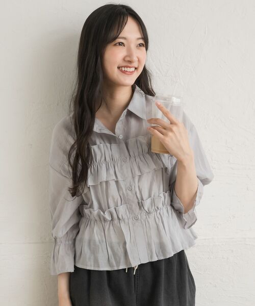RETRO GIRL（レトロガール）の「フリルギャザーシアーSH（シャツ/ブラウス・レディース・ブルー/オフホワイト/ダークブラウン・FREE）」の7枚目の写真