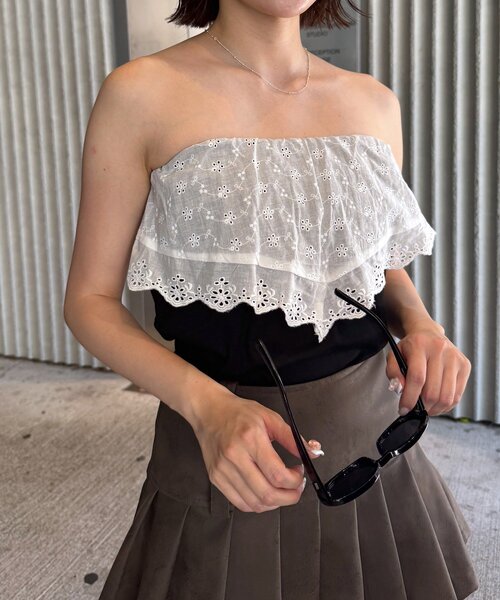 mline（エムライン）の「[mline]レースレイヤード バンドゥ（Tシャツ/カットソー・レディース・ブラック/オフホワイト・FREE）」の14枚目の写真