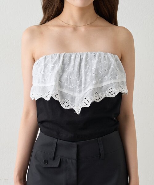 mline（エムライン）の「[mline]レースレイヤード バンドゥ（Tシャツ/カットソー・レディース・ブラック/オフホワイト・FREE）」の6枚目の写真