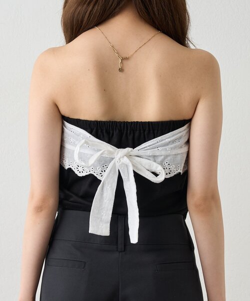 mline（エムライン）の「[mline]レースレイヤード バンドゥ（Tシャツ/カットソー・レディース・ブラック/オフホワイト・FREE）」の4枚目の写真