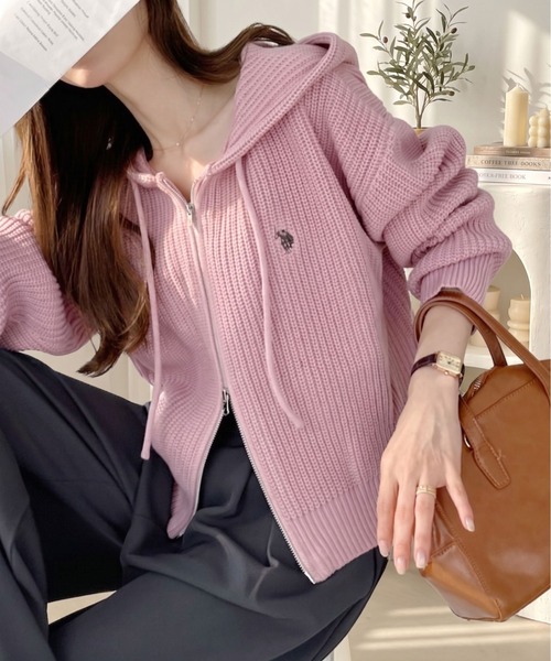 U.S. POLO ASSN.（ユーエスポロアッスン）の「【Ada.別注 U.S. POLO ASSN】ショート丈 ダブルジップ ニット パーカー（パーカー・レディース・ライトグレー/ネイビー/アイボリー/ダークブラウン/チャコール/ブラック/ピンク・M）」の7枚目の写真
