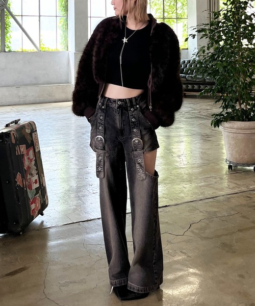 SPIRALGIRL（スパイラルガール）の「ベルトデザインサイドカットデニム（デニムパンツ・レディース・ブルー/ブラック・SMALL/MEDIUM）」の12枚目の写真