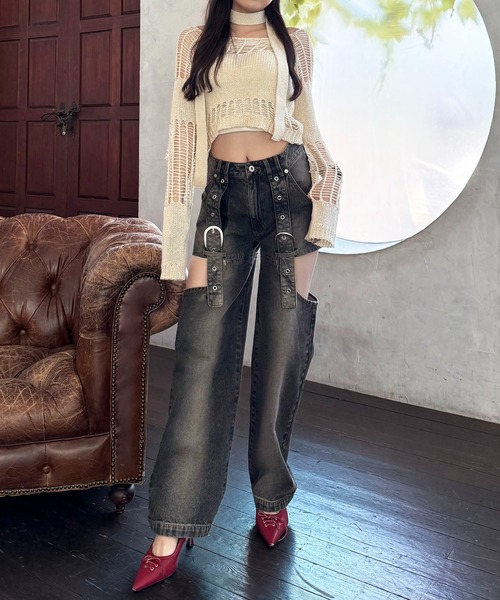 SPIRALGIRL（スパイラルガール）の「ベルトデザインサイドカットデニム（デニムパンツ・レディース・ブルー/ブラック・SMALL/MEDIUM）」の8枚目の写真