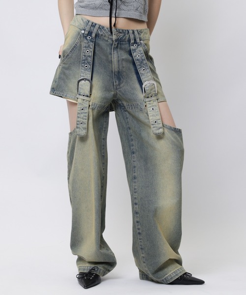 SPIRALGIRL（スパイラルガール）の「ベルトデザインサイドカットデニム（デニムパンツ・レディース・ブルー/ブラック・SMALL/MEDIUM）」の19枚目の写真