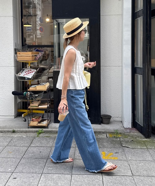 ISOOK（アイスー）の「ブラックリボンストローハット(chiica select)/麦わら帽子 麦わらハット ストローハット カンカン帽 リボン 日よけ 紫外線対策 UV対策（ハット・レディース・ベージュ・FREE）」の8枚目の写真