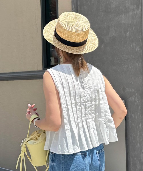 ISOOK（アイスー）の「ブラックリボンストローハット(chiica select)/麦わら帽子 麦わらハット ストローハット カンカン帽 リボン 日よけ 紫外線対策 UV対策（ハット・レディース・ベージュ・FREE）」の9枚目の写真