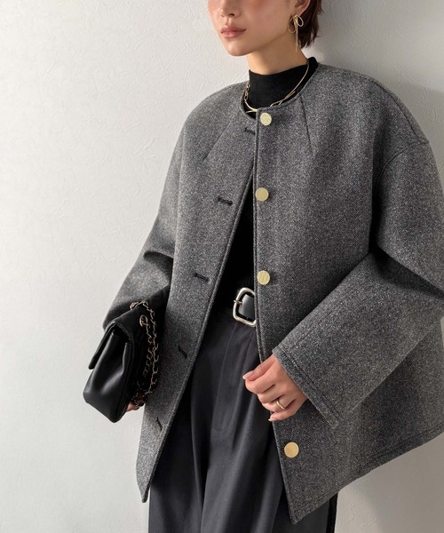 極美品✨レオナール ノーカラージャケットコート 宝石柄トリム 金ボタン LL相当 セール】【Classical Evon】端正な佇まいが導く上品スタイル。ツイード