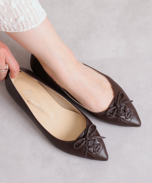 セール】レースアップデザイン ポインテッドトゥフラットシューズ