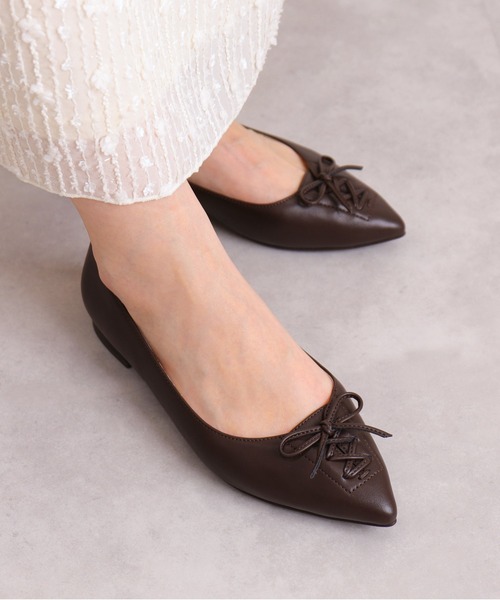 セール】レースアップデザイン ポインテッドトゥフラットシューズ