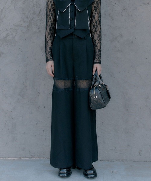 OLIVE des OLIVE（オリーブデオリーブ）の「レース切替ワイドスラックスパンツ（その他パンツ・レディース・グレー/ブラウン系その他/ブラック・FREE）」の2枚目の写真