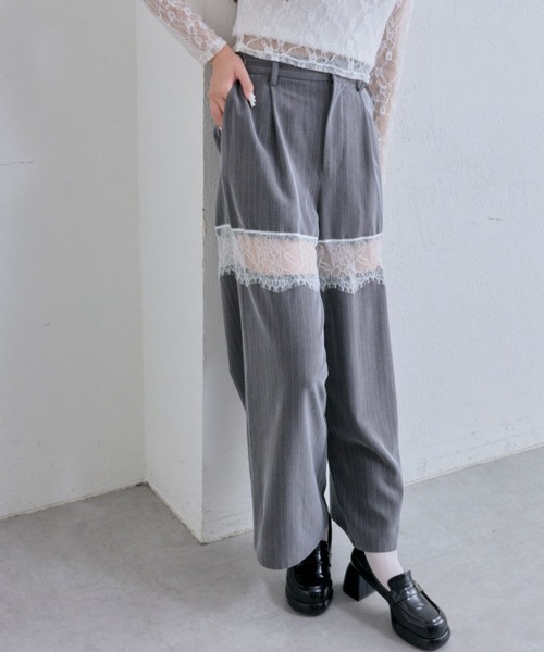 OLIVE des OLIVE（オリーブデオリーブ）の「レース切替ワイドスラックスパンツ（その他パンツ・レディース・グレー/ブラウン系その他/ブラック・FREE）」の8枚目の写真