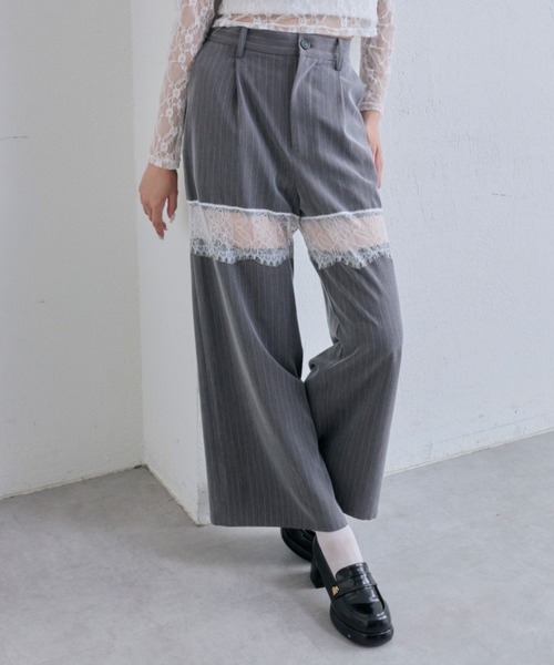 OLIVE des OLIVE（オリーブデオリーブ）の「レース切替ワイドスラックスパンツ（その他パンツ・レディース・グレー/ブラウン系その他/ブラック・FREE）」の7枚目の写真