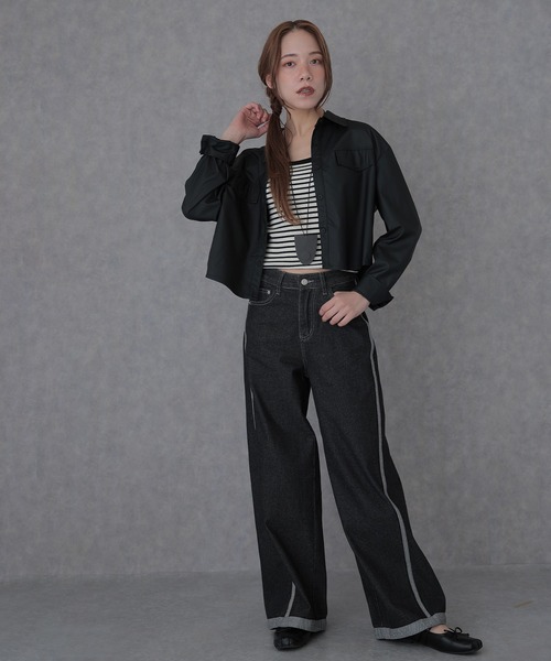 SUWDEE(スーディー)の「military cropped shirt jacket(ノーカラージャケット・レディース・ブラック/グレイッシュベージュ/ブラウン/グレー・FREE)」の2枚目の写真