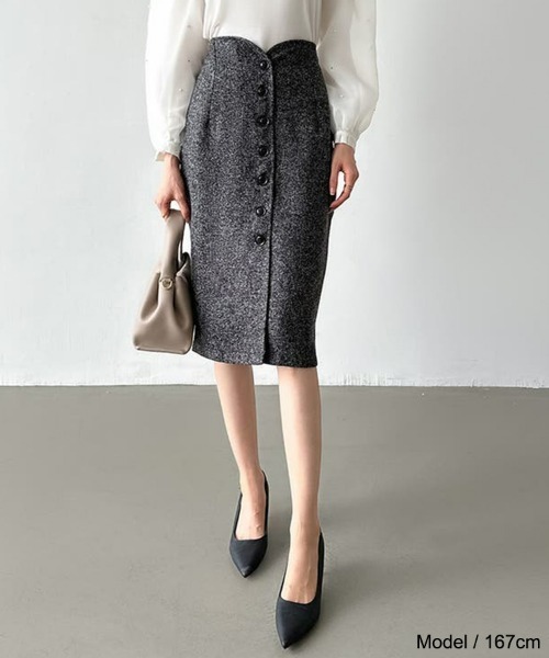 SEU（エスイーユー）の「ツイード調スカート 秋冬ペンシルスカート ハイウエスト Iライン オフィスカジュアル きれいめカジュアル レディース 韓国（スカート・レディース・ブラック/グレー・L/M）」の5枚目の写真