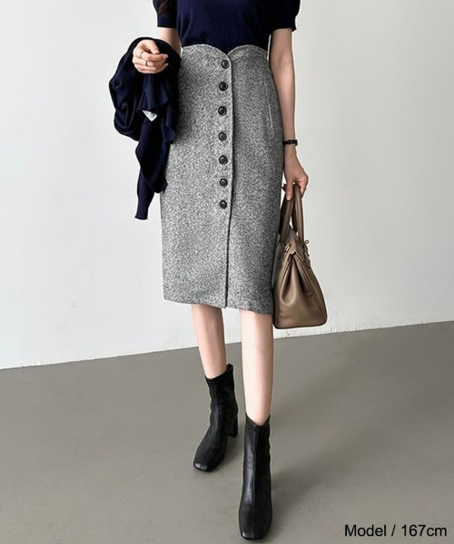 SEU（エスイーユー）の「ツイード調スカート 秋冬ペンシルスカート ハイウエスト Iライン オフィスカジュアル きれいめカジュアル レディース 韓国（スカート・レディース・ブラック/グレー・L/M）」の9枚目の写真