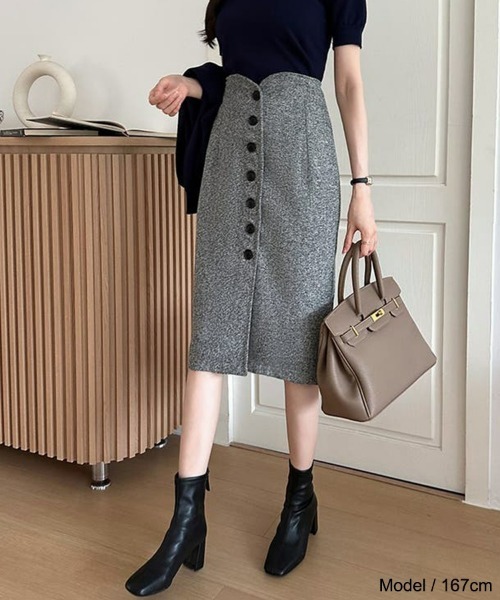 SEU（エスイーユー）の「ツイード調スカート 秋冬ペンシルスカート ハイウエスト Iライン オフィスカジュアル きれいめカジュアル レディース 韓国（スカート・レディース・ブラック/グレー・L/M）」の14枚目の写真