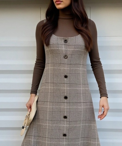 cammie(キャミー)の「バックリボンフロントボタンチェックワンピース(ワンピース・レディース・ブラック/ブラウン・L/M)」の5枚目の写真