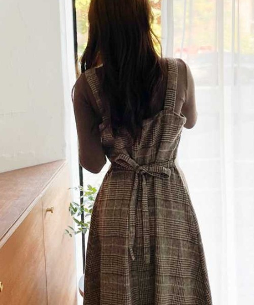 セール】バックリボンフロントボタンチェックワンピース（ワンピース