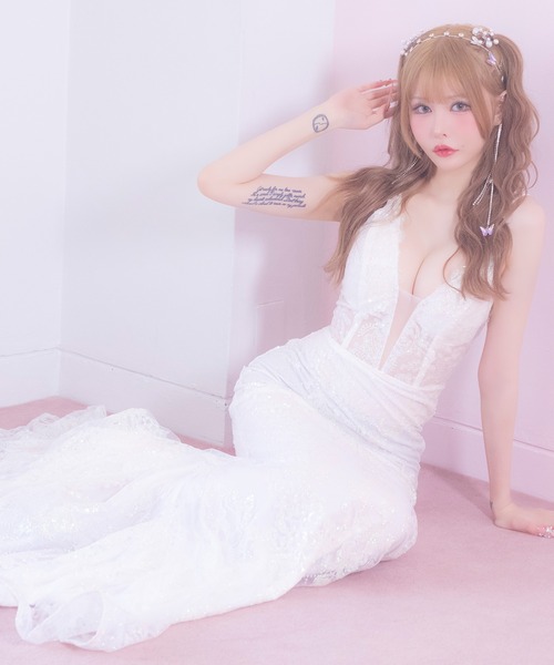 キャバドレス ロング タイト ノースリーブ 谷間 レース 大人 バースデー 背中魅せ マーメイド キャミソール ラメ スパンコール刺繍 バックレスドレス